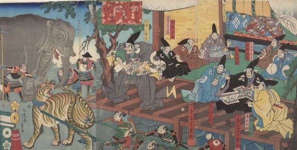歌川豊国: Triptych: Kiyomasa Ryôjû o Ikedorite Denka no Jinchû ni Hikashimu (Ehon Taikôku: maki chû) - ハーバード大学