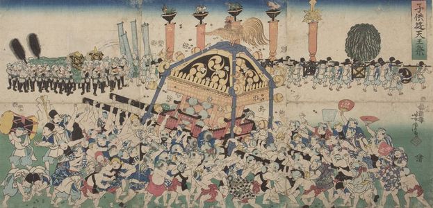 歌川芳虎: Triptych: A throng of coolies surround a large norimon and scramble for coins - ハーバード大学