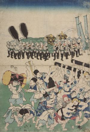 歌川芳虎: A throng of coolies surround a large norimon and scramble for coins - ハーバード大学