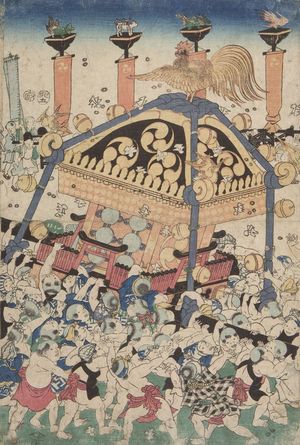 Utagawa Yoshitora: A throng of coolies surround a large norimon and scramble for coins - Harvard Art Museum