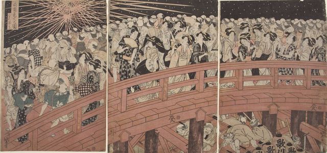 Katsushika Hokusai: Triptych: Fireworks Over the Ryôgoku Bridge (Ryôgoku hanabi no zu), Late Edo period, - Harvard Art Museum