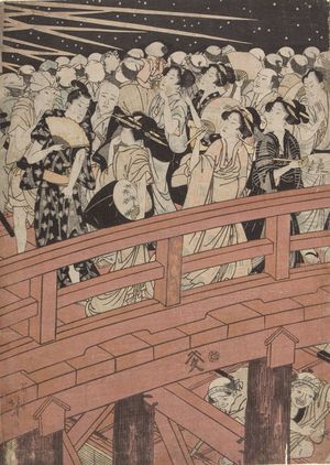 葛飾北斎: Fireworks Over the Ryôgoku Bridge (Ryôgoku hanabi no zu), Late Edo period, - ハーバード大学
