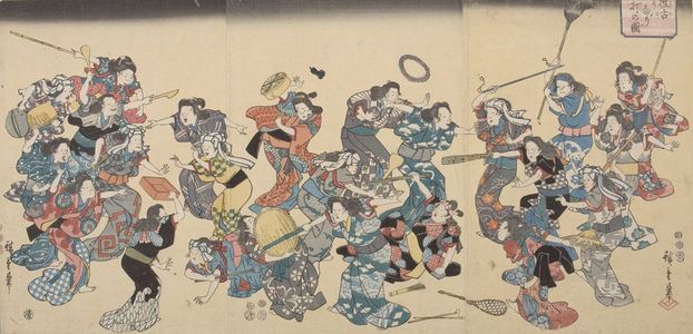 Utagawa Hiroshige: Triptych: Beating the Second Wife According to the Old Custom, Late Edo period, circa 1852 - Harvard Art Museum