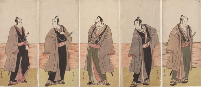 勝川春章: Pentaptych: Kabuki Actors from the play Hatsumombi Kuruwa Soga, performed at the Nakamura Theater from the second month of 1780, Edo period, 1780 (2nd month) - ハーバード大学