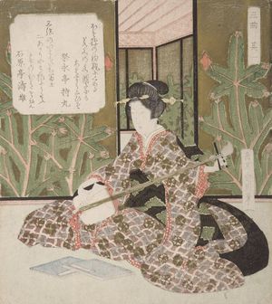屋島岳亭: Woman Tuning Shamisen, Number One (Sono ichi) from the series Three Musical Instruments (Sankyoku), Edo period, probably 1822 (Year of the Horse) - ハーバード大学