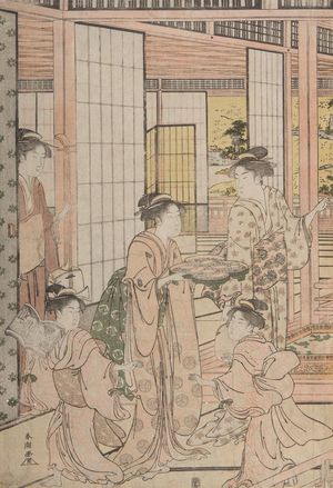 勝川春好: Beauties on Verandah Admiring Iris Pond - ハーバード大学