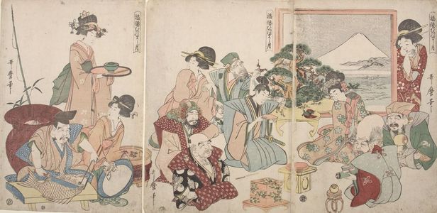 Kitagawa Utamaro: Triptych: Seven Gods of Good Fortune (Shichifukujin) and Otafuku at New Year's - Harvard Art Museum