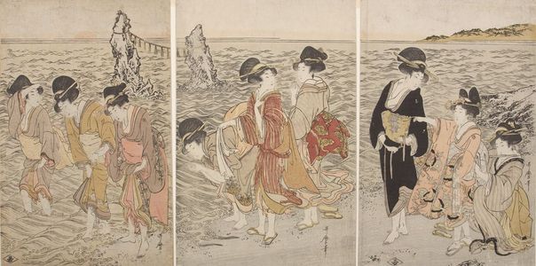 喜多川歌麿: Triptych: Women at the Beach of Futami-ga-ura, Late Edo period, circa 1803-1804 - ハーバード大学
