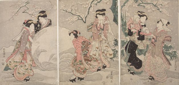 歌川豊重: Triptych: Six Women and Child in a Snowy Garden, Late Edo period, circa 1820s - ハーバード大学