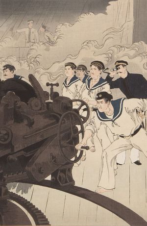 Mizuno Toshikata: Imperial Fleet Firing a Cannon Near Haiyang Island (Kaiyôtô fukin teikoku gunkan happô no zu), Meiji period, 1894 - Harvard Art Museum