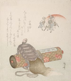 柳々居辰斎: Minogame (Straw-Raincoat Turtle) and Scroll with Rabbits Dancing Beneath the Moon - ハーバード大学