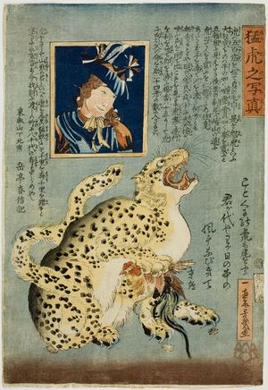 落合芳幾: True Life Picture of a Fierce Tiger (Môko no shashin) and Portrait of a Woman Above, published by Shinagawaya, Late Edo period, seventh month of 1860 - ハーバード大学