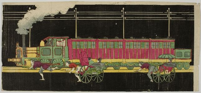 Unknown: Steam Engine & Rickshaws, Meiji period, late 19th century - Harvard Art Museum