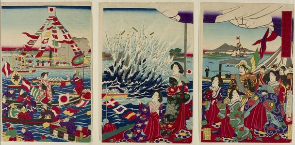 無款: Triptych: Port Festival Scene, Meiji period, 1890 - ハーバード大学