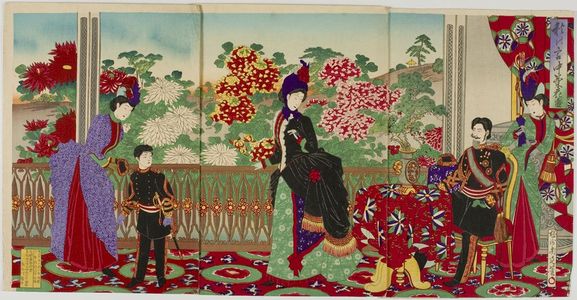 無款: Triptych: Chrysanthemums at Court, Meiji period, 1890 - ハーバード大学