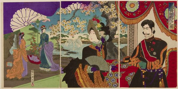 無款: Triptych: Emperor Viewing Flowers, Meiji period, 1887 - ハーバード大学