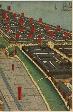 歌川貞秀: Detailed Print of Yokohama Hon-chô and the Miyozaki Pleasure Quarter (Yokohama Hon-chô ... ni Miyozaki ... kenkin zu), published by Yamamotoya Heikichi, Late Edo period, fourth month of 1860 - ハーバード大学