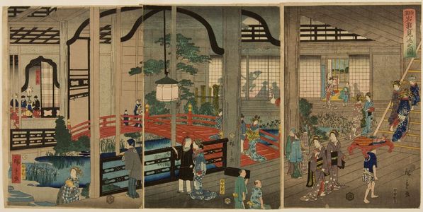二歌川広重: Triptych: View of the Interior of the Gankirô Tea House in Yokohama (Yokohama Gankirô no zu), published by Daikokuya Kinnosuke, Late Edo period, fourth month of 1860 - ハーバード大学