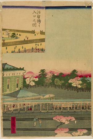 歌川貞秀: Shimbashi Railway Station with Train Time Table, Late Edo period, eighth month of 1872 - ハーバード大学