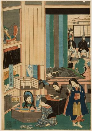 歌川芳員: Foreigners Enjoying Children's Kabuki at the Gankirô Tea House (Yokohama Gankirô kodomo te odori no zu), published by Maruya Jimpachi, Late Edo period, first month of 1861 - ハーバード大学