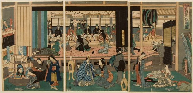 歌川芳員: Triptych: Foreigners Enjoying Children's Kabuki at the Gankirô Tea House (Yokohama Gankirô kodomo te odori no zu), published by Maruya Jimpachi, Late Edo period, first month of 1861 - ハーバード大学