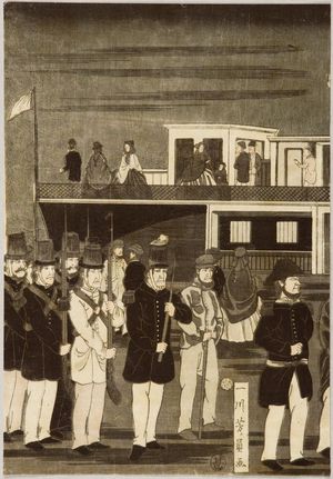 歌川芳員: Transit of an American Steam Locomotive (Amerika koku jôkisha ôrai), published by Maruya Jimpachi, Late Edo period, tenth month of 1861 - ハーバード大学