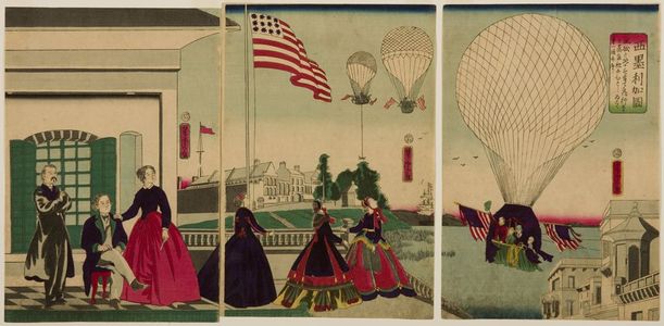 Utagawa Yoshitomi: Triptych: America (Amerikakoku), published by Shimizuya Naojirô, Late Edo period, sixth month of 1867 - ハーバード大学