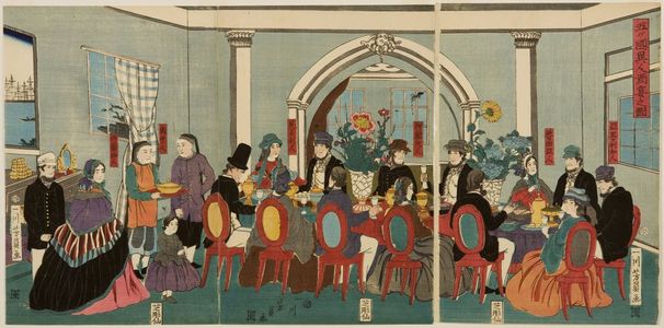 歌川芳員: Triptych: Foreigners from the Five Nations enjoying a banquet, Late Edo period, circa 1861 - ハーバード大学
