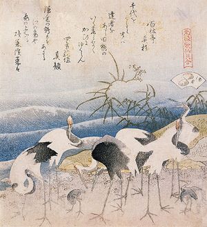 Katsushika Hokusai: Cranes on the Seashore/The Reed Shell (Ashigai), from the series 