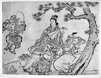 菱川師宣: Four of the Seven Gods of Good Fortune (Shichifukujin): Benzaiten, Bishamonten, Jurôjin, and Dancing Fukurokuju, Early Edo period, circa 1670 - ハーバード大学