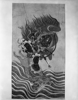 Unknown: Daiitoku Myô-ô (The Great Majestic One, Yamantaka) Riding a Bull into the Sea: One of the Five Great Wisdom Kings or Godai Myô-ô (Vidyarajas), Early Edo period, early 17th century - Harvard Art Museum