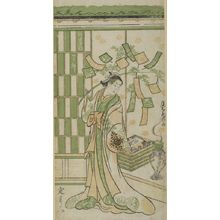 Unknown: Onoe Kikugoro as a Woman Standing Before a Tokonoma and Holding a Branch of Bamboo Decorated for the Tanabata Festival (Dai-sho Calendar for 1747), Edo period, dated 1747 - Harvard Art Museum