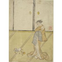 Suzuki Harunobu: Calendar: Courtesan with Shôki (Chinese, Zhong Kui) the Demon Queller, Edo period, dated 1765 (Meiwa 2) - Harvard Art Museum
