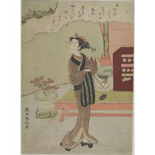 鈴木春信: WOMAN STANDING BY VERANDAH, SMOKING PIPE, Edo period, circa 1765-1770 - ハーバード大学