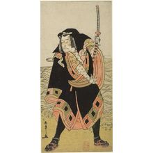 Katsukawa Shunsho: Actor Ichikawa Danjûrô 5th WEARING BLACK AND HOLDING A SWORD BY THE SHORE - Harvard Art Museum