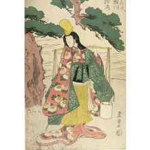 Utagawa Toyokuni I: ACTOR SEGAWA ROKO AS MATSUKAZE (WOMAN IN PINK, GREEN AND YELLOW KIMONO WITH WATER BUCKETS ON HER LEFT SHOULDER) - Harvard Art Museum