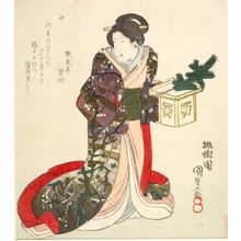 日本版画 "Samurai Wife with Pine Shoot on Stand, from the series Series of Four Samurai (Yoban tsuzuki), with poem by Kaientei Hanju, Edo period, circa 1815-1830" 由 Utagawa Kunisada, 歌川国貞 (Utagawa Kunisada) 创作