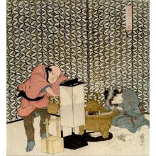 渓斉英泉: Courtesan Attendant Napping as Servant Refuels Oil Lamp: The Happiness of Rats (Nezumi yorokobi), from the series Twelve Treasures with Rats (Nezumi zukushi jûnihô), Edo period, 1828 (Year of the Rat) - ハーバード大学