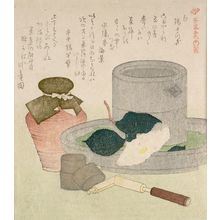 窪俊満: White Tea Container (Shiro nakatsugi) and Camillia, from the series Five Colors of Tea Utensils (Chaki goshiki shose), with poems by Suikiotei Baikei, Shichukan Hayazawa and Garyuen, Edo period, circa 1817-1819 - ハーバード大学