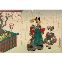 Japanischer Druck "Oiran and Kamuro Walking Beneath Cherry Blossoms, with poems by Isshôtei, Emaya and Shippôtei, Edo period, 1864 (Genji 1)" von Utagawa Kunisada, 歌川国貞 (Utagawa Kunisada)