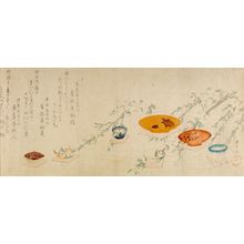 窪俊満: Sailing Cups Downstream with Peach Blossom Reflections, with poems by Kosakutei Toshun, Kogakutei Toin and Kosentei Tojin (various 
