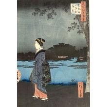 Ando Hiroshige, 歌川広重 (Andô Hiroshige)による浮世絵「Night View of Matsuchiyama and the San'ya Canal (Matsuchiyama San'yabori yakei), Number 34 from the series One Hundred Famous Views of Edo (Meisho Edo hyakkei), Edo period, dated 1857 (8th month)」