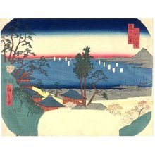 歌川広重: Miishoho-ji, from the series Eight Views of Lake Biwa (ômi hakkei) in fan (uchiwa) shape, Edo period, dated 1852 - ハーバード大学
