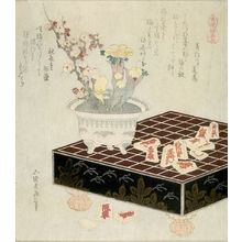 Katsushika Hokusai: Shôgi Chess Board, Chess Pieces and Spring Flowers in Blue-and-White Porcelain Pot/ Chess Pieces (Shôgi koma), from the series A Selection of Horses (Umazukushi), with poems by Shunshôtei Utsukushima and Shûchôdô Monoyana, Edo period, 1822 - Harvard Art Museum