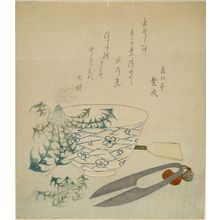 Katsushika Hokusai: Blue-and-White Bowl with Dandelions and Shears, with poem by Shinshôtei Shigenari, Edo period, - Harvard Art Museum