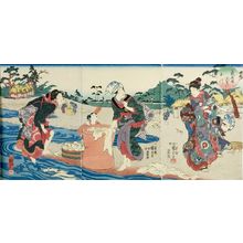歌川国芳: Triptych: Musashi no Kuni: Chôfu no Tamagawa, Late Edo period, circa 1847-1852 - ハーバード大学