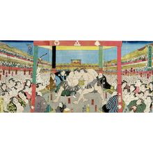 Japanese Print "Triptych: Sumô Wrestling Tournament (Kanzin ôsumô torikumi no zu), Late Edo period, 1858" by Utagawa Kunisada, 歌川国貞 (Utagawa Kunisada)