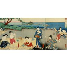 Utagawa Kunisada, 歌川国貞 (Utagawa Kunisada)创作的日本版画《Triptych: Beach Scene》