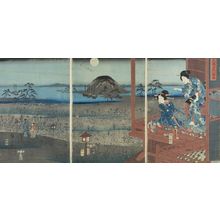 歌川広重: Triptych: Furyû Genji: Akashi (Hiroshige landscape, Kunisada [main] figures), Late Edo period, 1835 - ハーバード大学