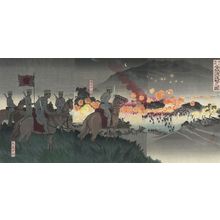 Kobayashi Kiyochika: Triptych: Crossing Anjô Proceeding in Battle (Anjô o watari shingeki no zu), Meiji period, dated 1894 - Harvard Art Museum